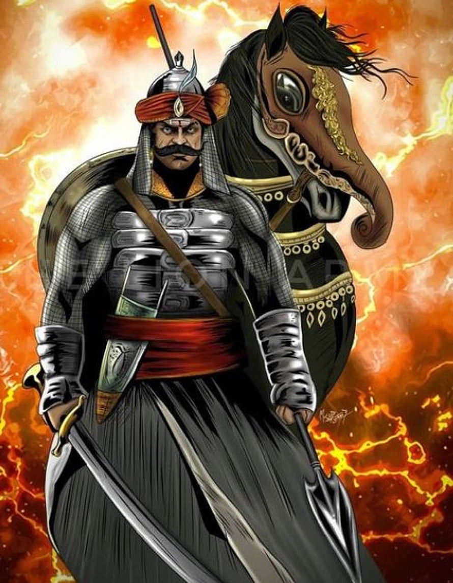 Illustration of a fierce medieval warrior with a mustache standing beside a horse against a fiery background HD phone wallpaper