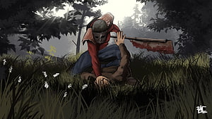 Rust Game Artwork: Masked Raider with Bloodied Axe in Dark Forest HD wallpaper