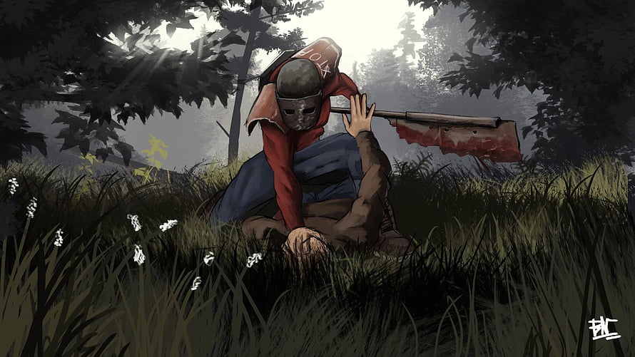 Rust Game Artwork: Masked Raider with Bloodied Axe in Dark Forest HD wallpaper