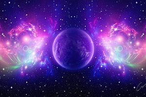 Vibrant Purple Planet with Glowing Nebula Wings in Deep Space HD wallpaper