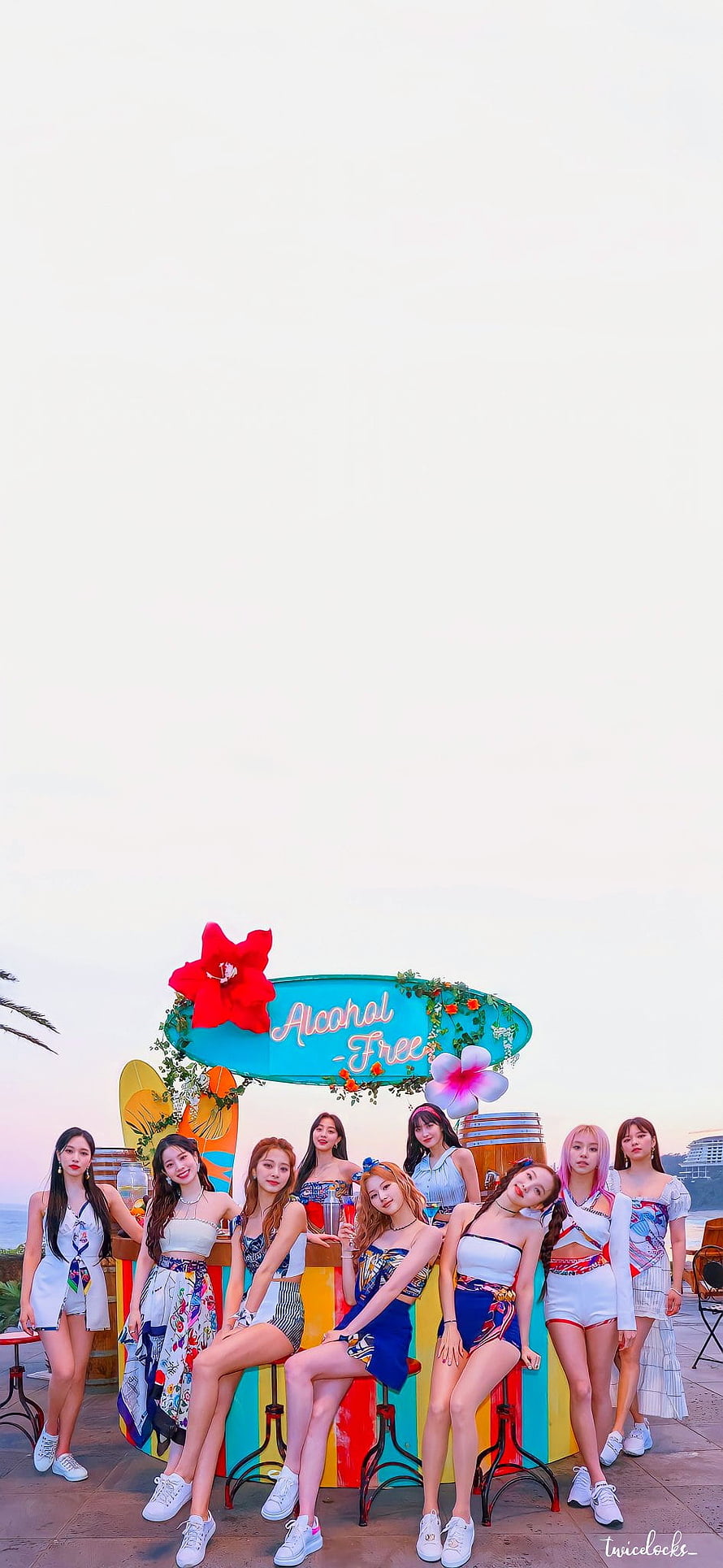 TWICE K-Pop Group Summer Beach Photo Shoot with Tropical Bar Set HD phone wallpaper