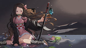 Nezuko Kamado from Demon Slayer Sitting in Lotus Pond with Butterfly and Katana HD wallpaper