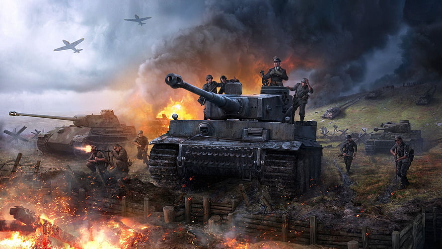 World War 2 Battlefield Scene With German Tanks And Soldiers Amid Explosions And Smoke, WW2, World War 2 HD wallpaper