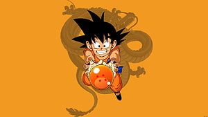 Kid Goku Holding Four-Star Dragon Ball with Shenron Silhouette on Orange Background HD wallpaper