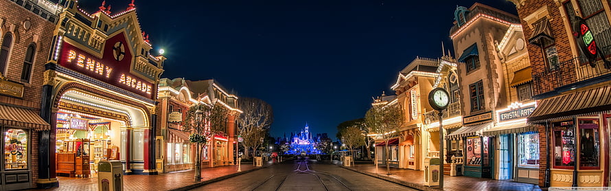 Main Street at Night in Disney World with Cinderella Castle in the Distance HD wallpaper