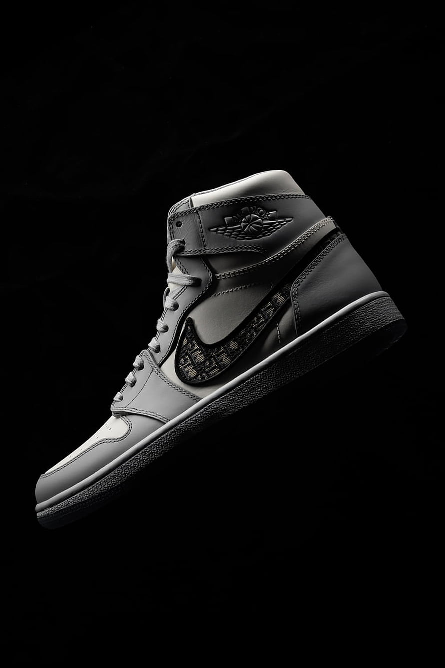Air Jordan 1 Dior Bred Monogram High-Top Sneaker on Black Background HD phone wallpaper