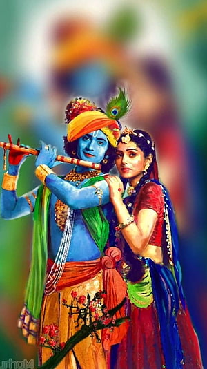 Radha Krishna Playing Flute in Vibrant Traditional Attire HD phone wallpaper