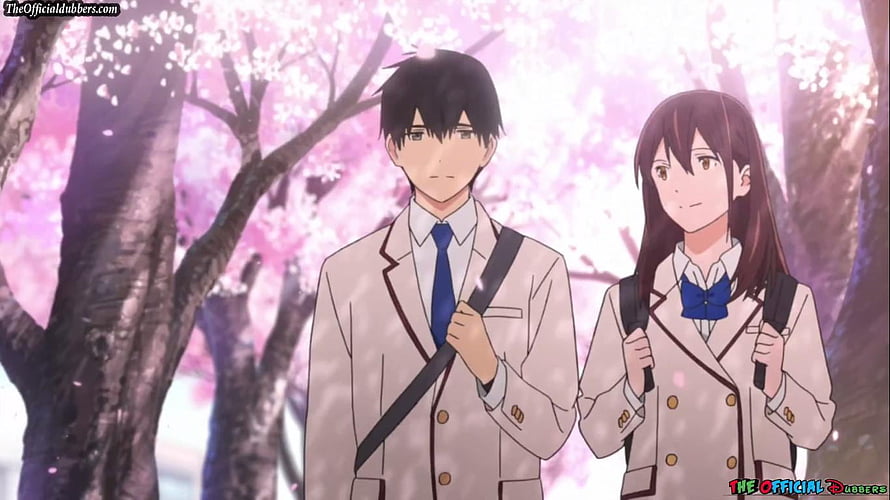 Anime Couple Walking Under Cherry Blossoms in School Uniforms HD wallpaper