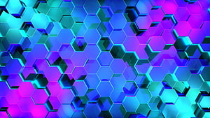 Vibrant 3D Hexagonal Pattern with Neon Blue and Purple Gradient Glow HD wallpaper