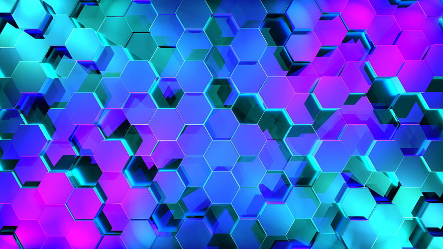 Vibrant 3D Hexagonal Pattern with Neon Blue and Purple Gradient Glow HD wallpaper