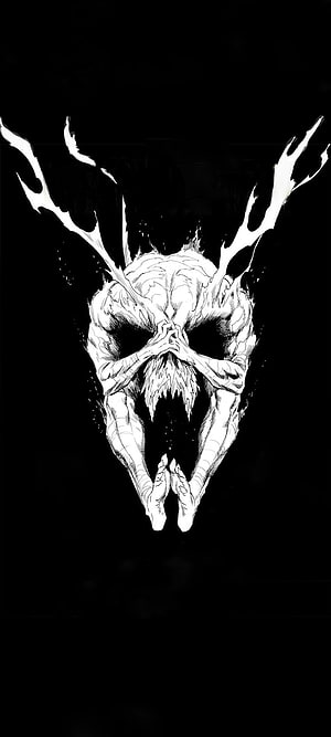 Black and White Illustration of a Muscular Antlered Creature in a Praying Pose HD phone wallpaper