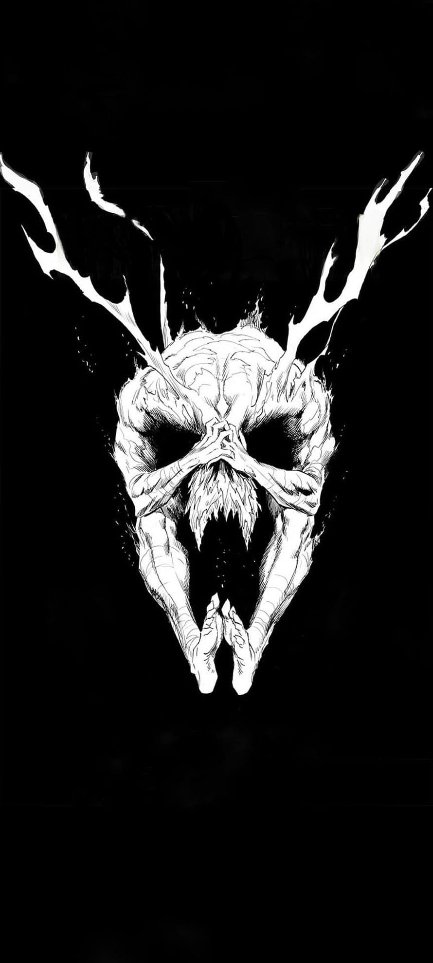 Black and White Illustration of a Muscular Antlered Creature in a Praying Pose HD phone wallpaper