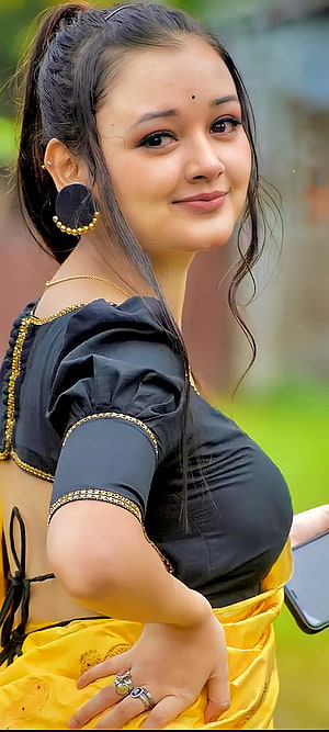 Portrait of a woman in a black blouse and yellow saree with gold jewelry, Beautiful girl, Beauty, indian HD phone wallpaper