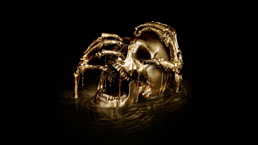 Molten Gold Skull with Dripping Liquid Metal on Black Background HD wallpaper