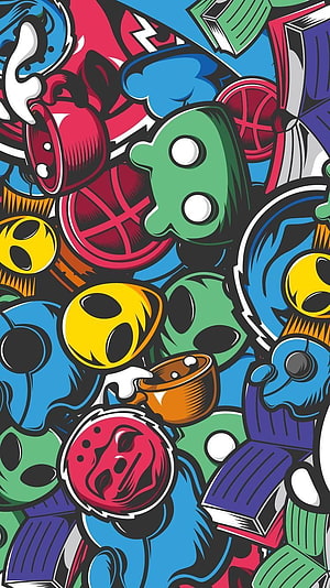 Colorful Graffiti Art With Smiley Faces, Books, and Coffee Cups HD phone wallpaper