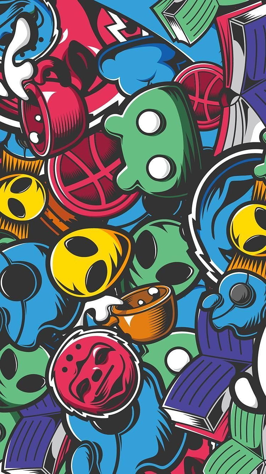 Colorful Graffiti Art With Smiley Faces, Books, and Coffee Cups HD phone wallpaper