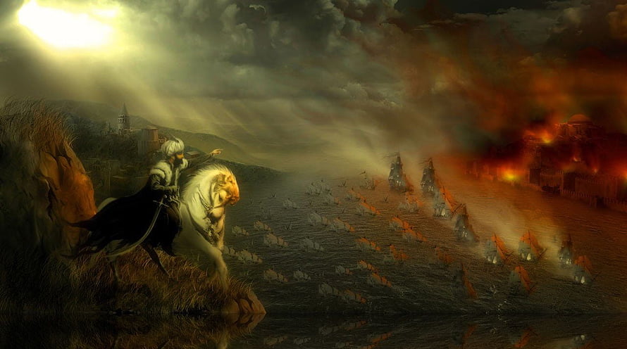 Ottoman Commander on Horseback Surveying a Burning Battlefield at Dusk, Osmanlı Arması Duvarkagitlari Osmanli Armasi Osmanlı Arması Arkaplan Resim HD wallpaper