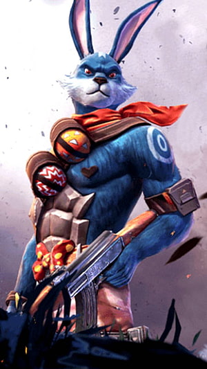 Blue anthropomorphic rabbit warrior with red scarf holding assault rifle HD phone wallpaper