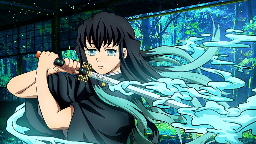 Muzan Kibutsuji wielding a sword with blue energy effects in a forest setting HD wallpaper