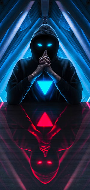 Mysterious Hooded Figure with Glowing Blue Eyes and Neon Triangle Symbol HD phone wallpaper