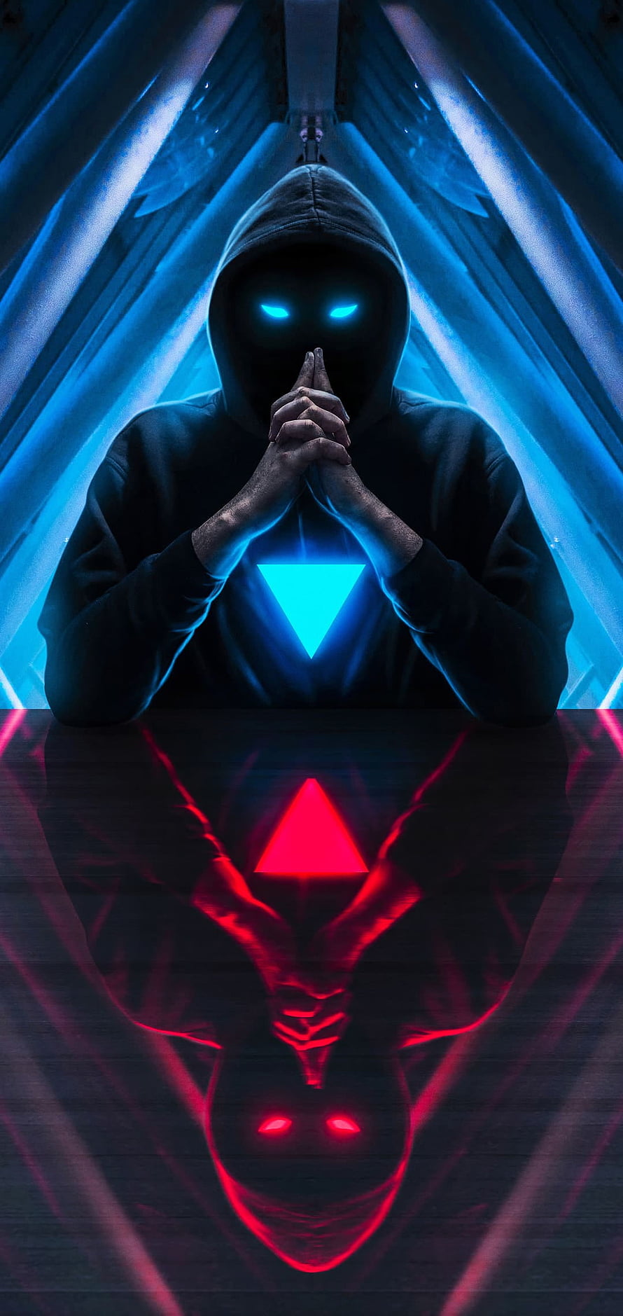 Mysterious Hooded Figure with Glowing Blue Eyes and Neon Triangle Symbol HD phone wallpaper