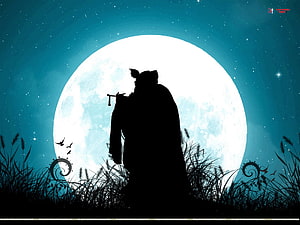 Silhouette of Krishna Playing Flute Against a Full Moon in a Starry Night Sky HD wallpaper