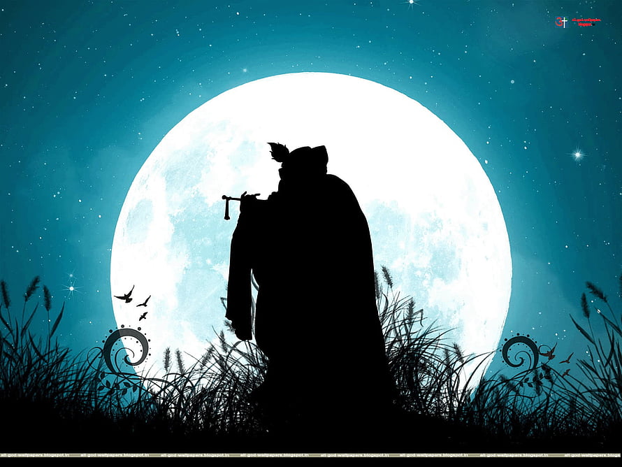 Silhouette of Krishna Playing Flute Against a Full Moon in a Starry Night Sky HD wallpaper