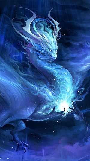 Mystical Blue Dragon Holding Glowing Orb in Ethereal Fantasy Art HD phone wallpaper