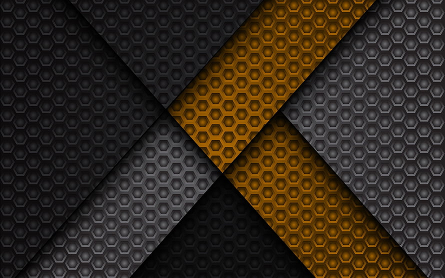 Abstract Geometric Hexagon Pattern with Diagonal Strips in Black, Grey, and Amber Tones HD wallpaper