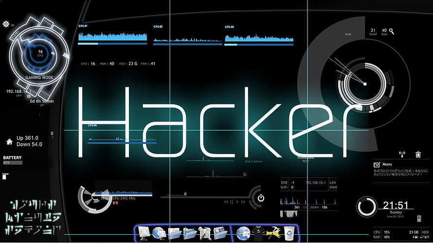 Futuristic Hacker Dashboard Interface with Blue Neon Data Visualizations and System Metrics HD wallpaper