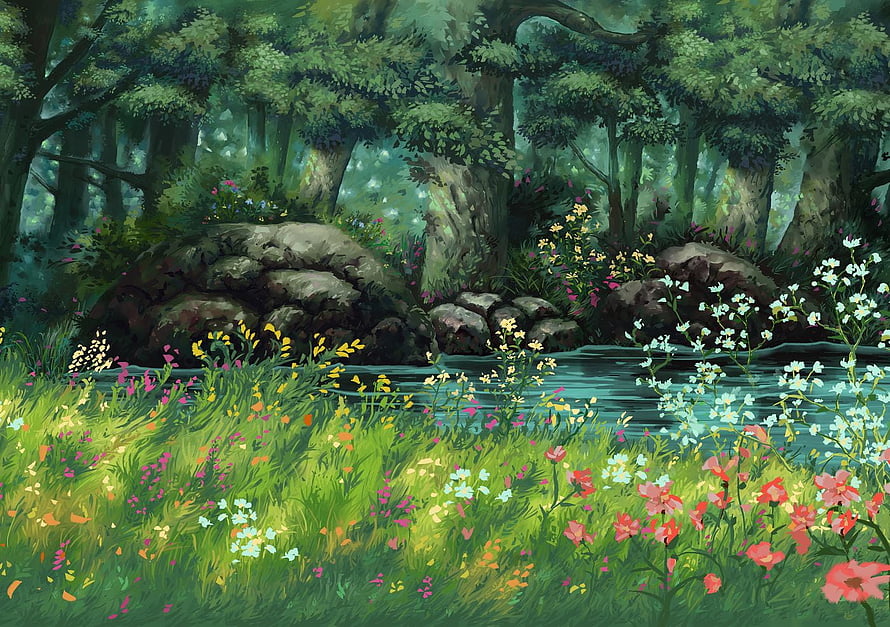 Serene Forest Stream with Wildflowers and Ancient Trees HD wallpaper