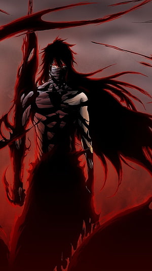 Dark Anime Warrior With Red Eyes And Bandaged Face Holding A Large Weapon HD phone wallpaper