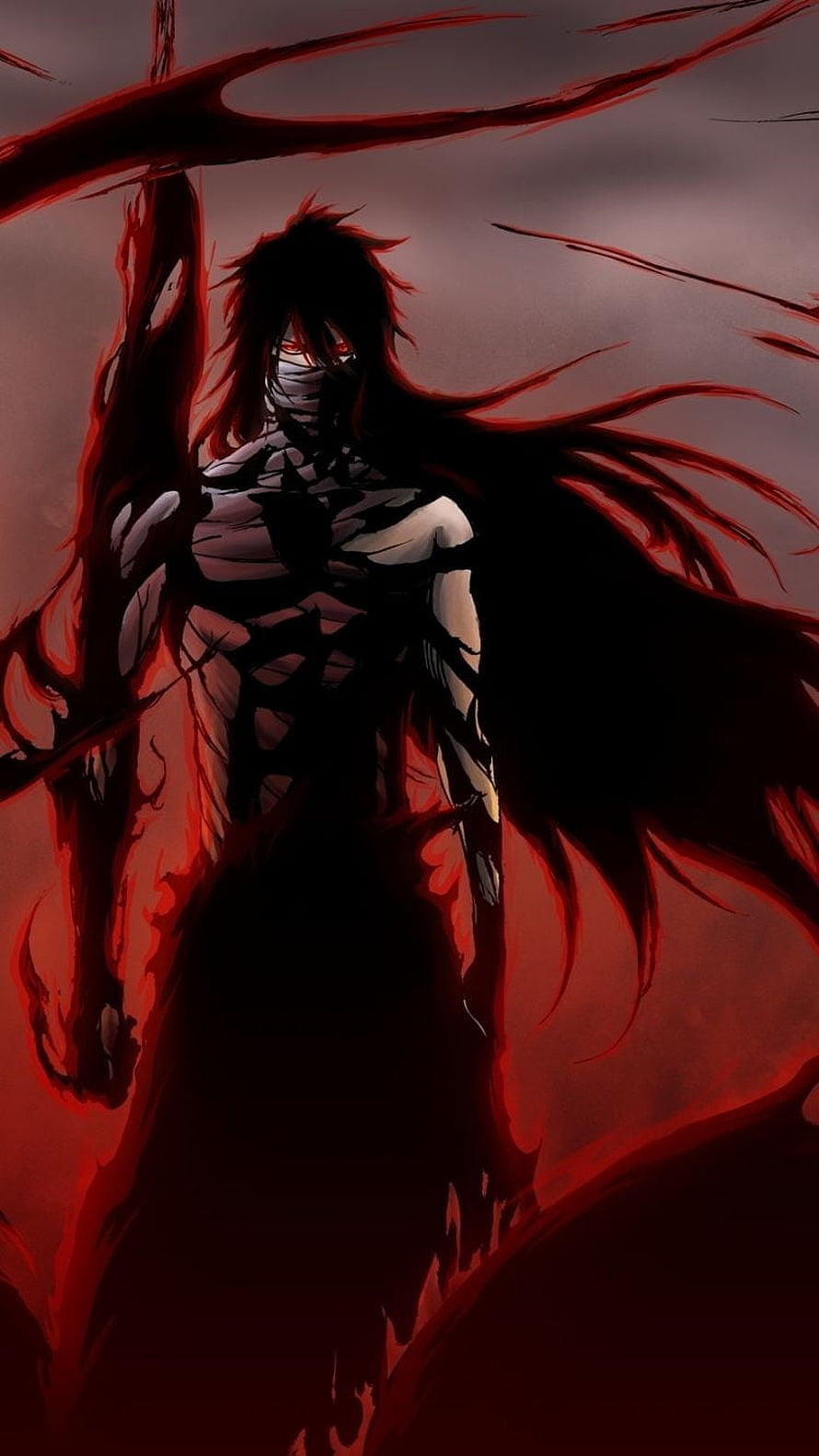 Dark Anime Warrior With Red Eyes And Bandaged Face Holding A Large Weapon HD phone wallpaper