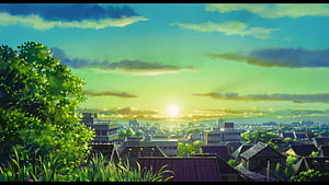 Lofi Green Japanese Townscape at Golden Hour with Lush Foliage and Soft Clouds HD wallpaper
