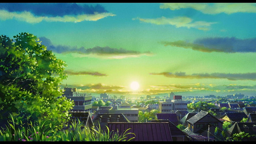 Lofi Green Japanese Townscape at Golden Hour with Lush Foliage and Soft Clouds HD wallpaper