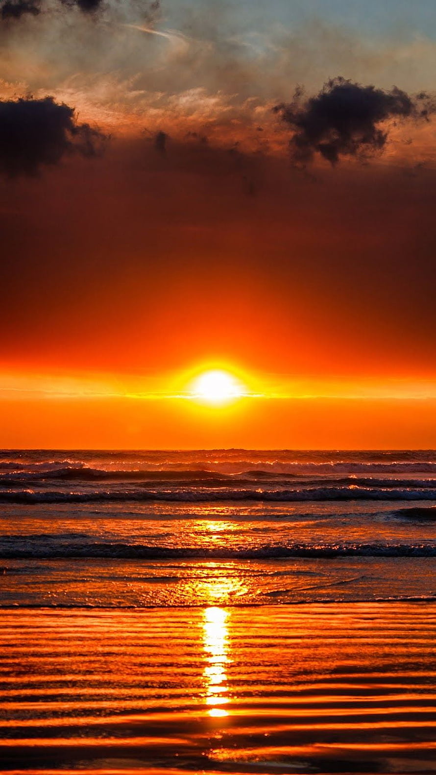 Vibrant Orange Sunset Over Ocean Waves With Golden Reflection On Wet Sand HD phone wallpaper