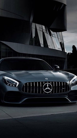 Matte Grey Mercedes-AMG GT R Front View Against Modern Architecture HD phone wallpaper
