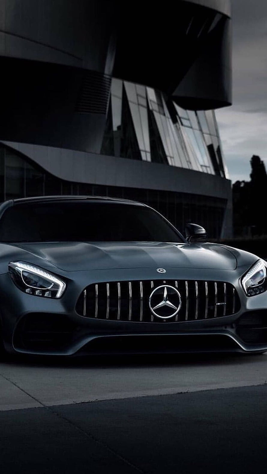 Matte Grey Mercedes-AMG GT R Front View Against Modern Architecture HD phone wallpaper