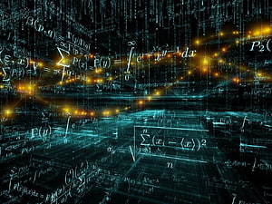 Glowing Mathematical Equations and Data Streams in a Dark Digital Space HD wallpaper