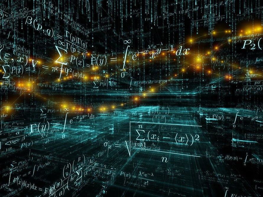 Glowing Mathematical Equations and Data Streams in a Dark Digital Space HD wallpaper