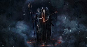 Dark Fantasy Illustration of Hooded Skeletons Performing a Ritual with Glowing Magic HD wallpaper