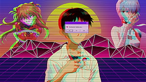 Neon Genesis Evangelion Shinji Asuka Rei Retro Vaporwave Aesthetic Anime Wallpaper HD wallpaper