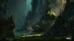 Meditating Shiva Statue in Mystical Forest with Waterfall and Deer HD wallpaper