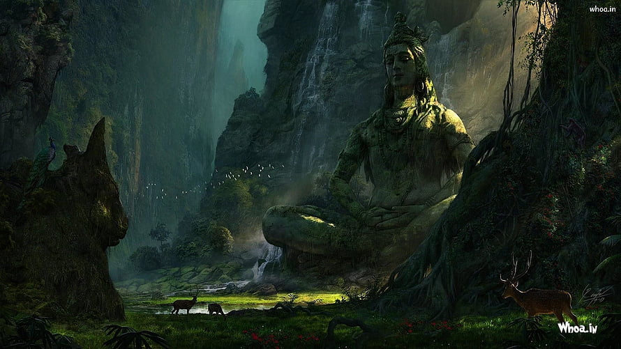Meditating Shiva Statue in Mystical Forest with Waterfall and Deer HD wallpaper