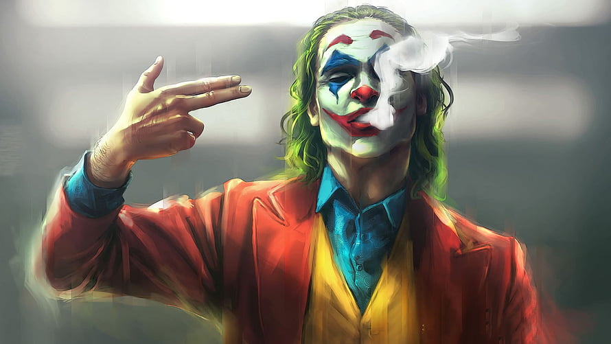 Joker Digital Art Portrait in Red Suit with Green Hair and Clown Makeup HD wallpaper