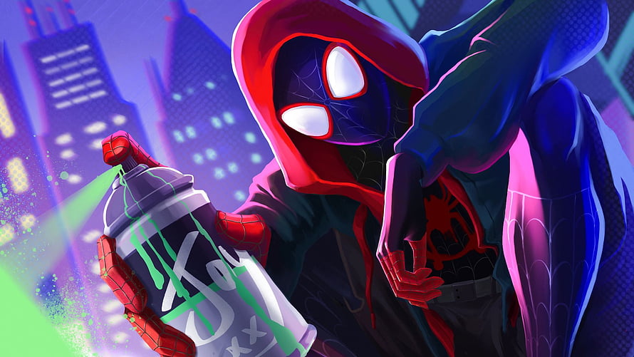 Miles Morales Spider-Man in Hooded Suit Holding Spray Paint Can Against Neon City Skyline, Spiderman Miles Morales With Spray Paint Resolution , , Background, and HD wallpaper