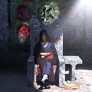 Itachi Uchiha Seated on a Stone Throne in a Dark Chamber HD phone wallpaper