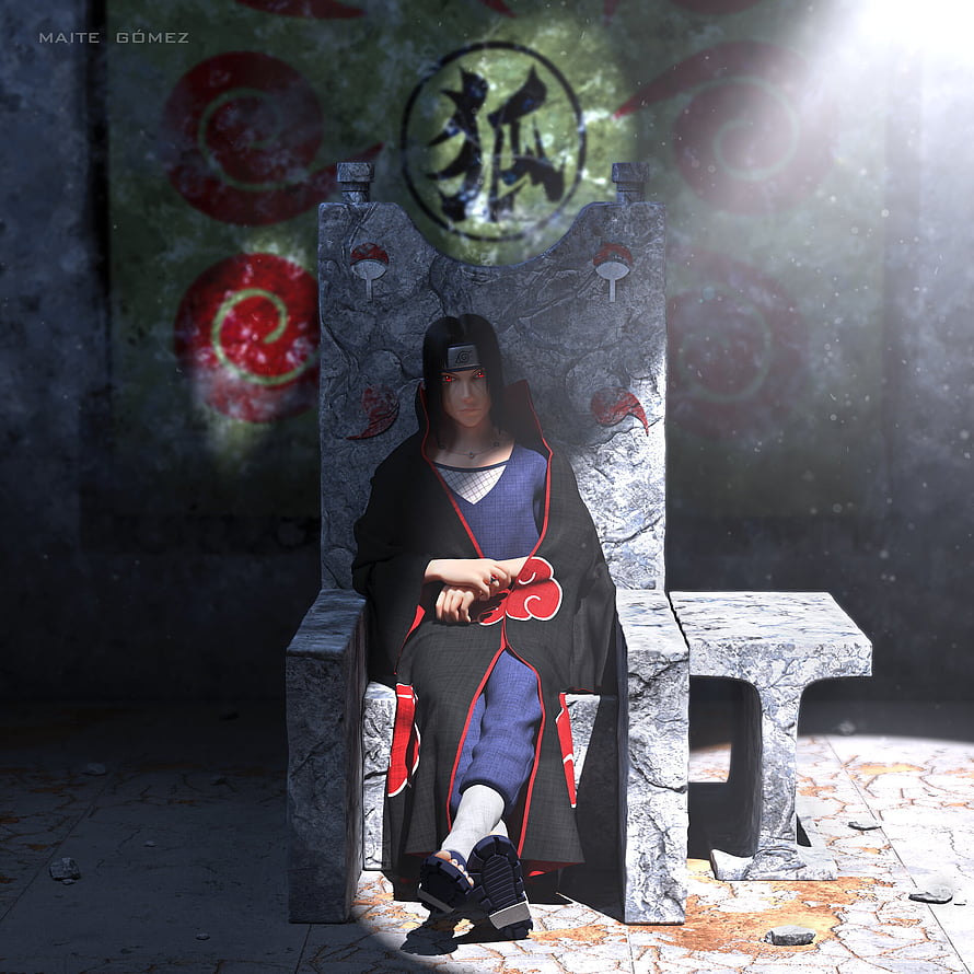 Itachi Uchiha Seated on a Stone Throne in a Dark Chamber HD phone wallpaper