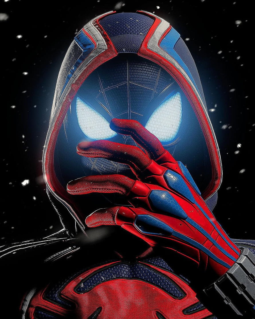Spider-Man in Stealth Suit Covering Face with Glowing Eyes, Spiderman, cine, superheroe HD phone wallpaper