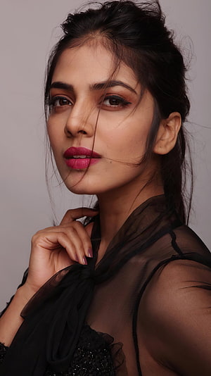 Portrait of a woman with dark hair and pink lipstick wearing a black sheer top, Malavika mohanan, mallu actress, model HD phone wallpaper
